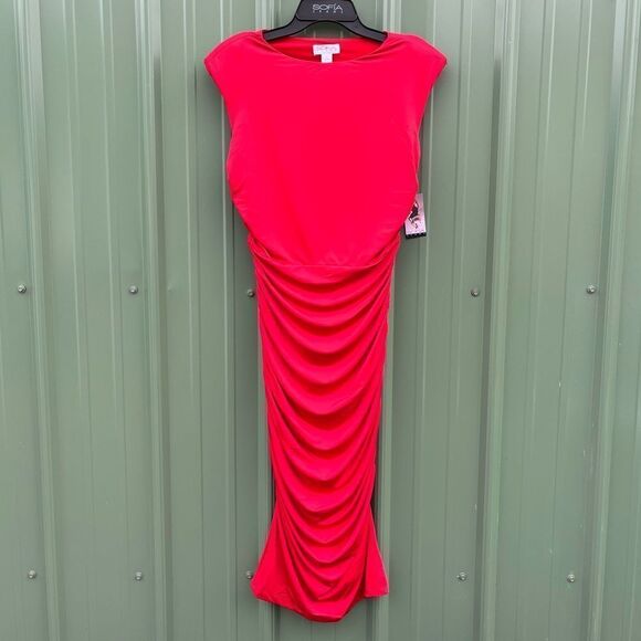 Women's Red Sleeveless Open Back Midi Dress, Below Knee Length, Size M - Picture 5 of 10
